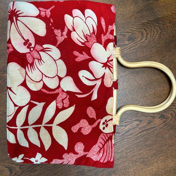 Hula Bay Bag - tropical print- bamboo handles - orchids/Hawaii style red &white - Picture 4 of 4